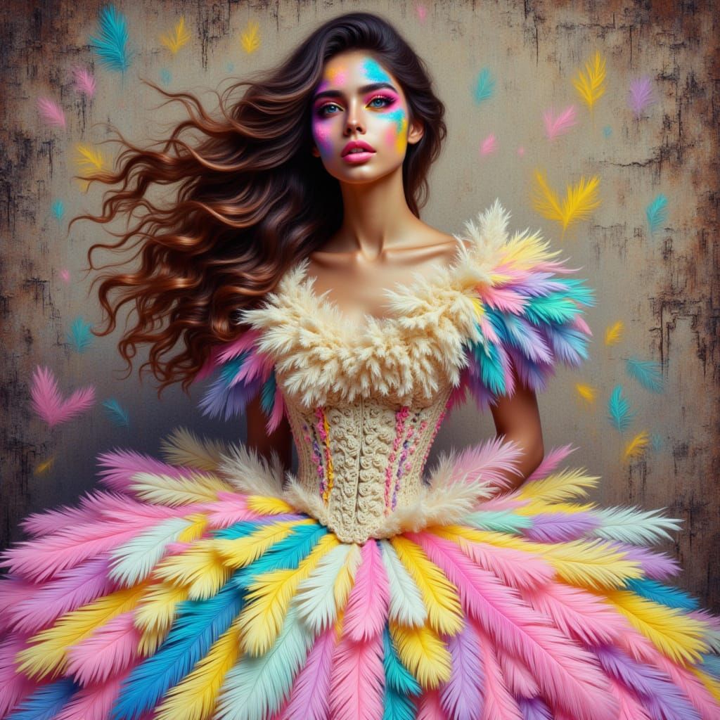 Victorian Woman in Neon Feather Dress, Impressionist Style