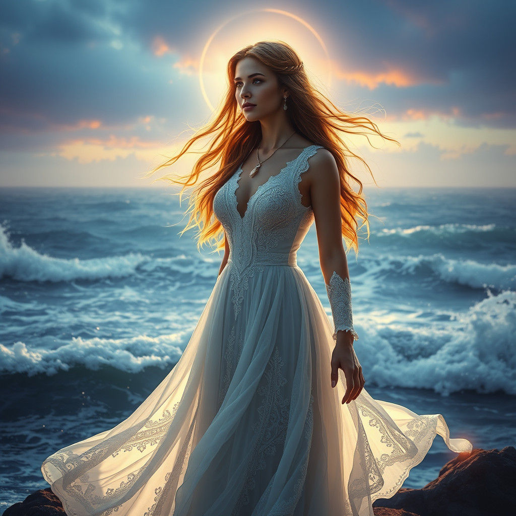 Mystical Woman at Ocean's Edge in Fantasy Style