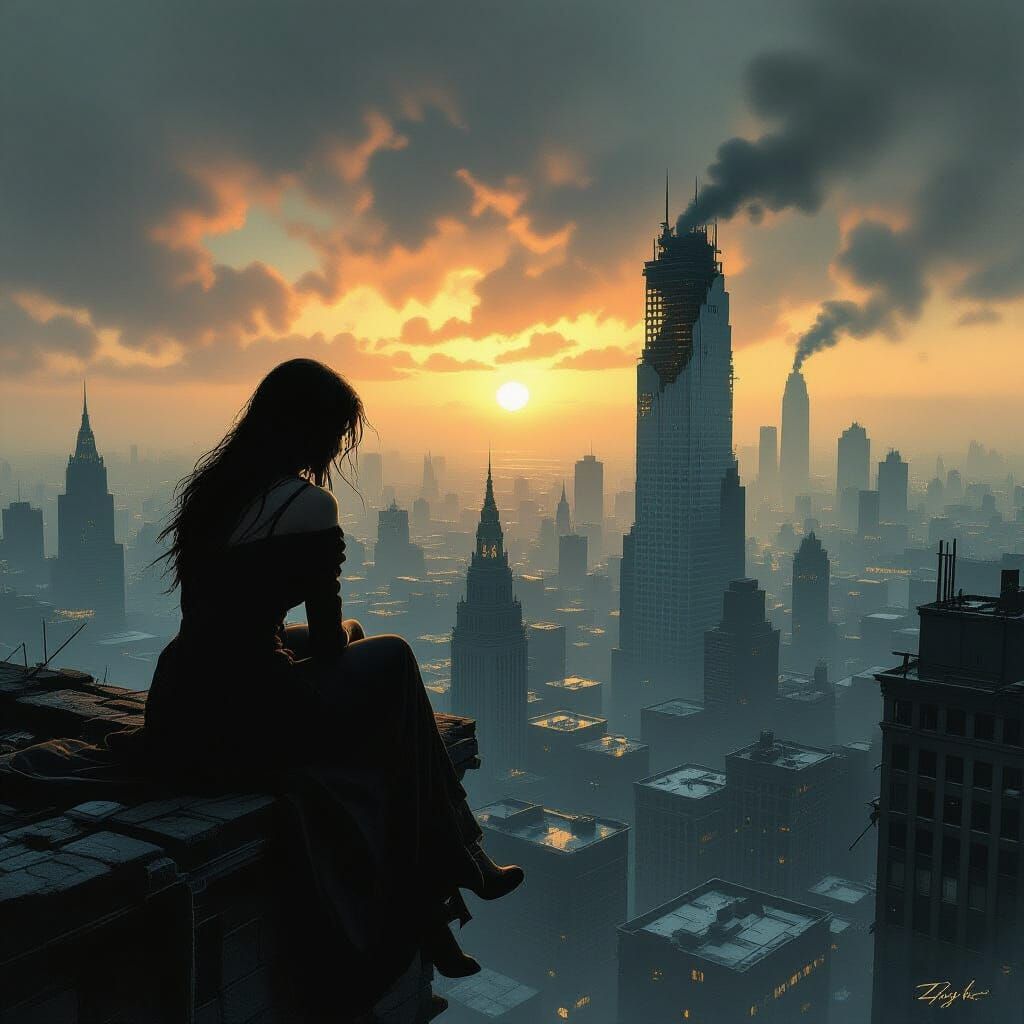 Woman Gazes Over Ruined Cityscape in Dark Illustration Style