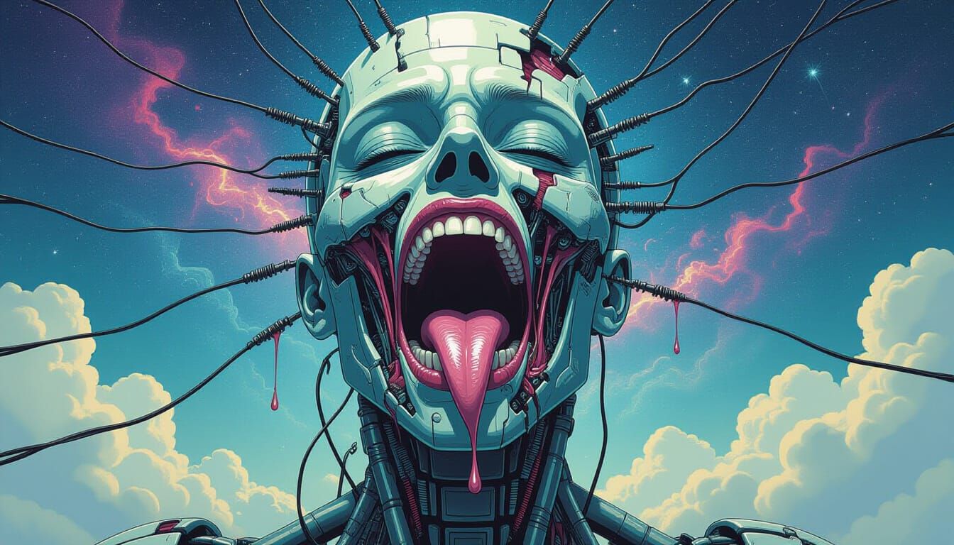 Dismembered Cyborg Suspended in Cosmic Illustration