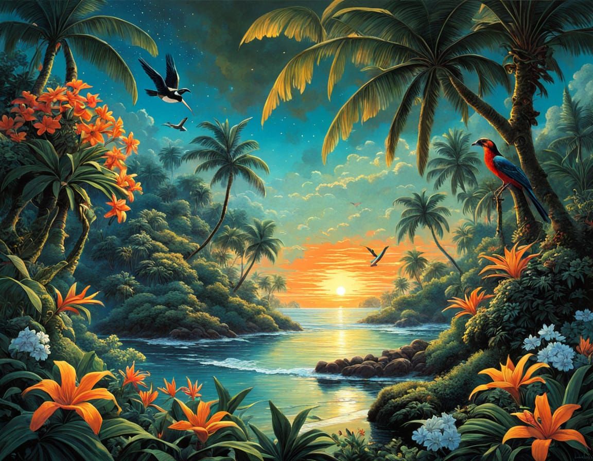Vibrant Tropical Paradise at Sunset