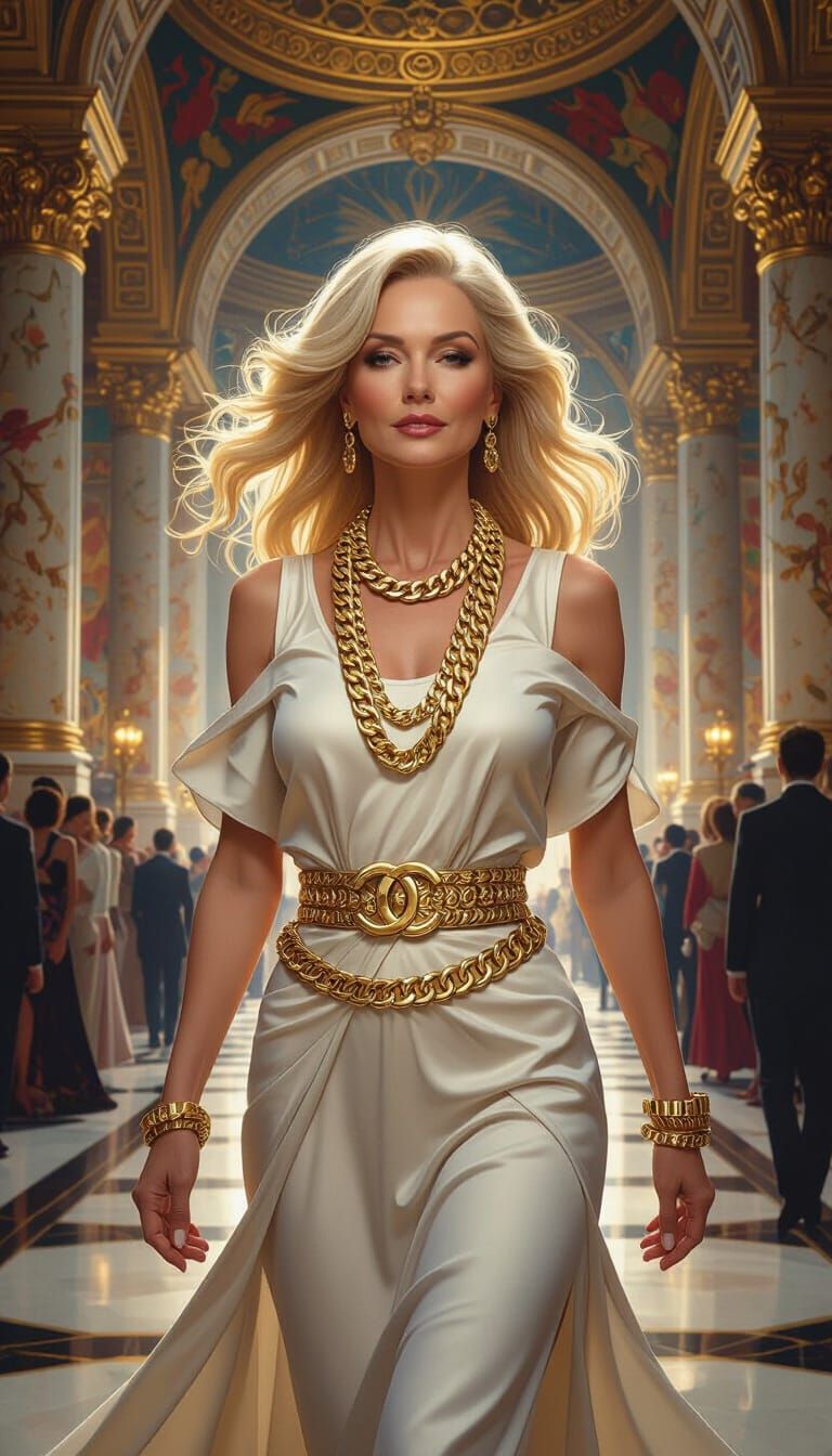 Futuristic Hall Portrait: Blonde Woman with Golden Chains