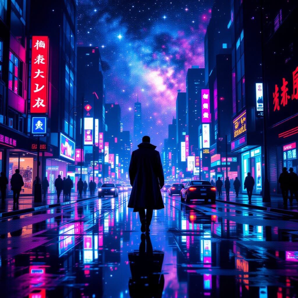 Cosmic Wanderer in a Neon City: Surreal Art