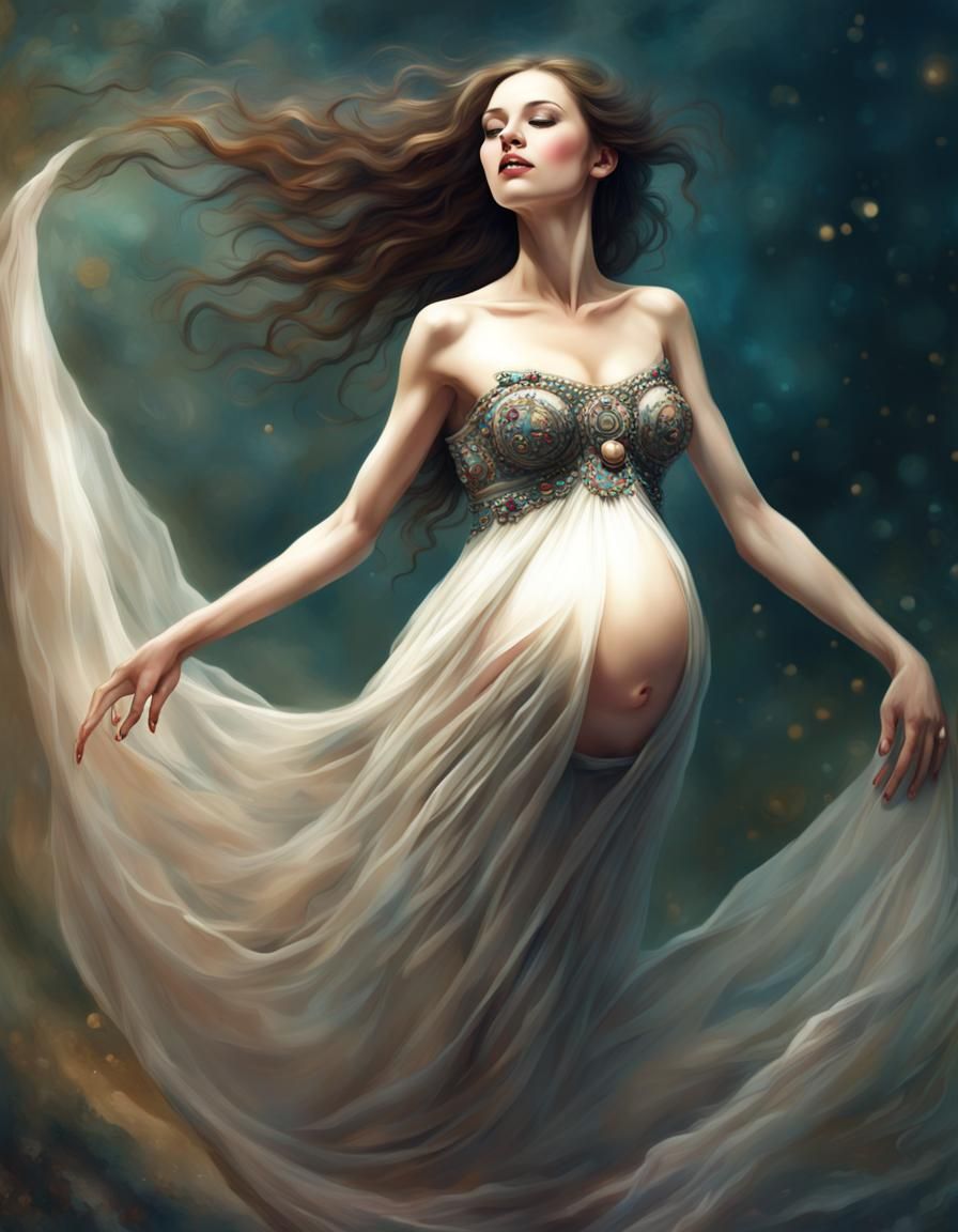 Joyful Pregnant Woman Dancing, Detailed Matte Painting