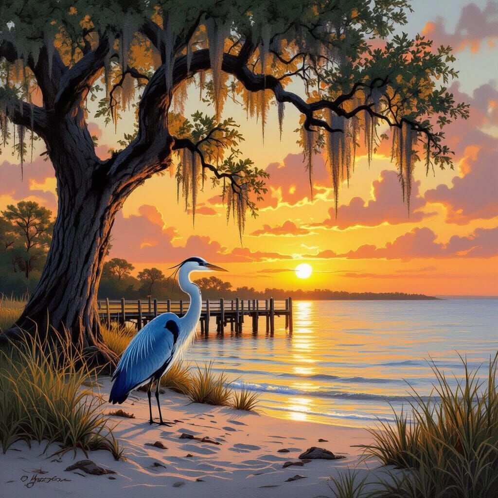 Blue Heron at Sunset Near Pier, Landscape Painting