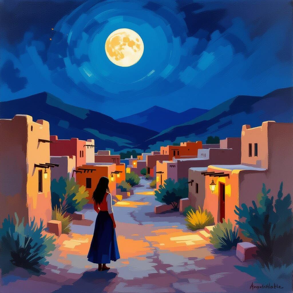 Taos Night Scene with Adobe Buildings, Expressive Art Style