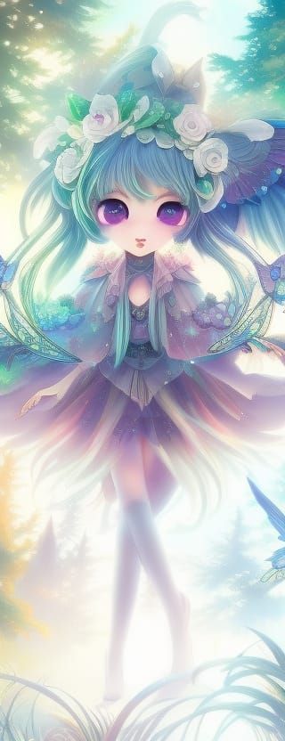 Chibi Anime Girl in Fantasy Forest: Detailed Matte Painting