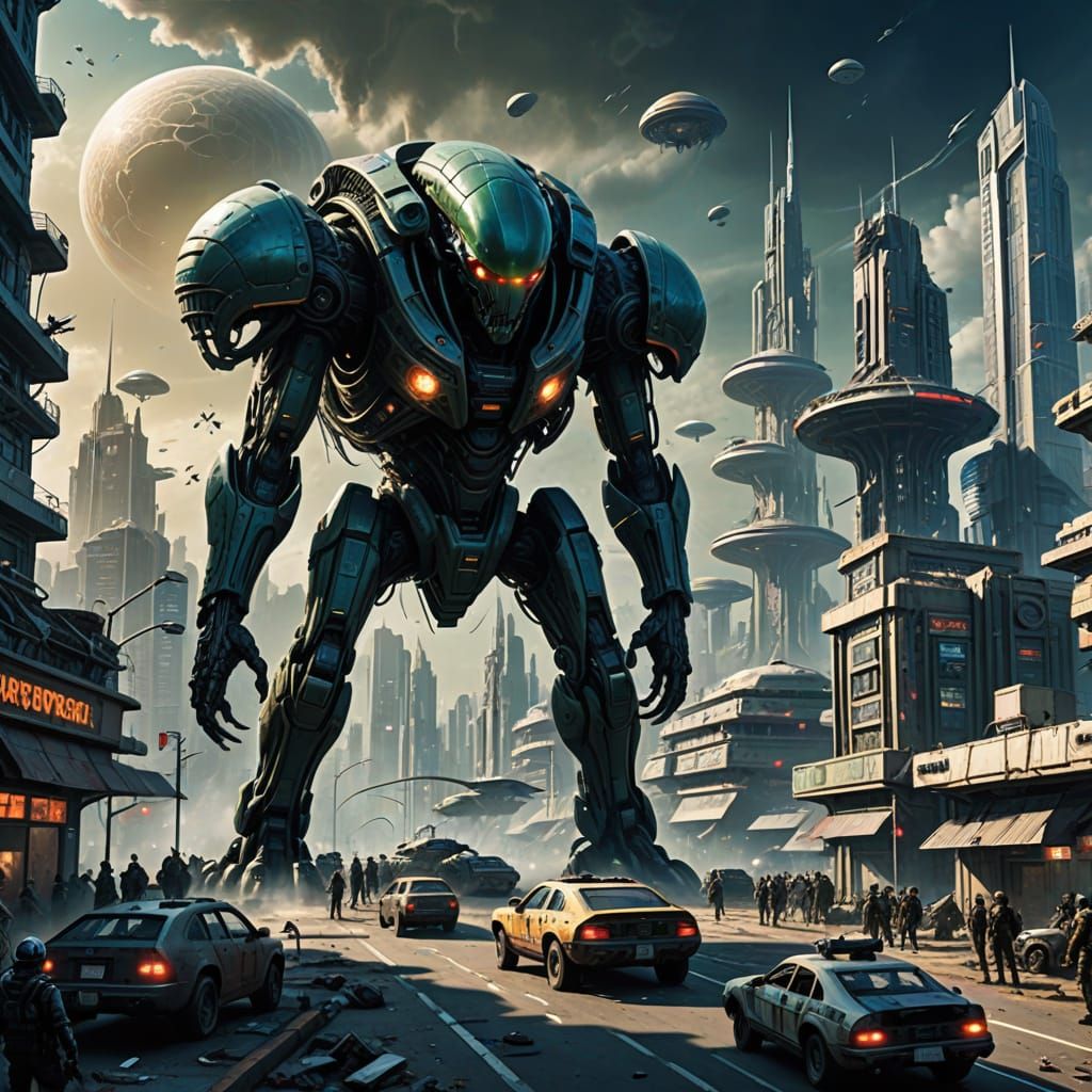 Dystopian Megacity Under Alien Siege
