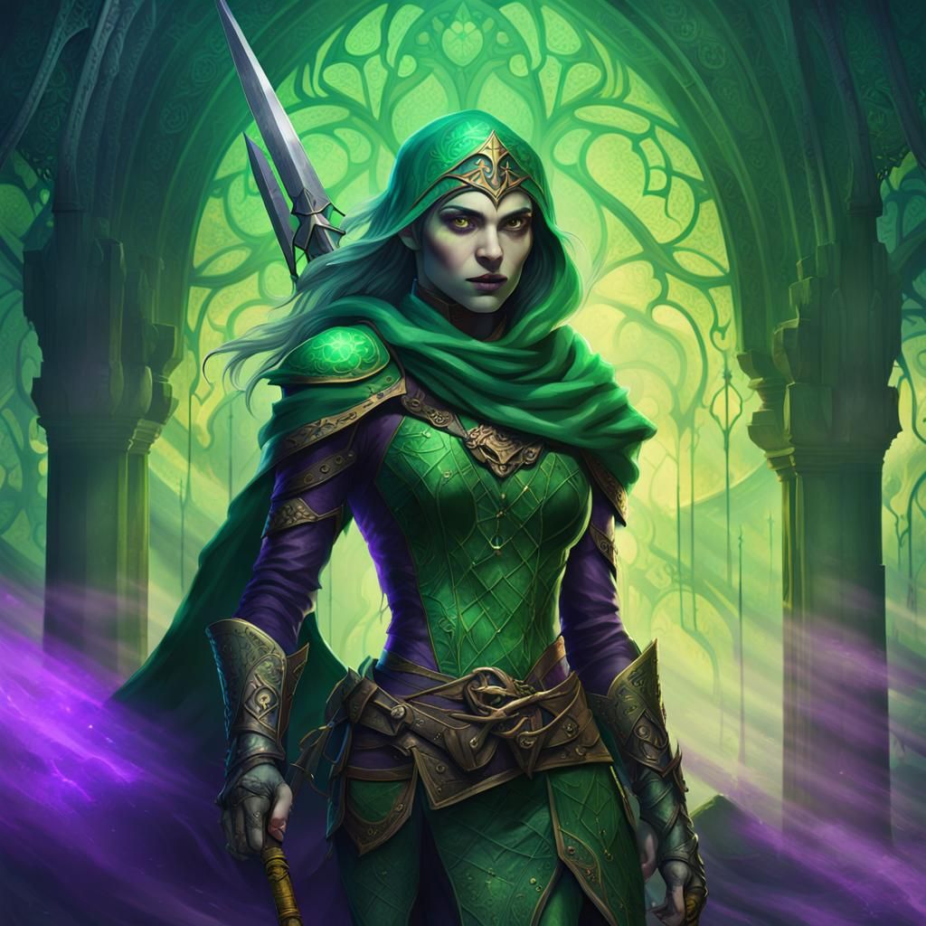 Emerald Elf Rogue in Art Nouveau Style