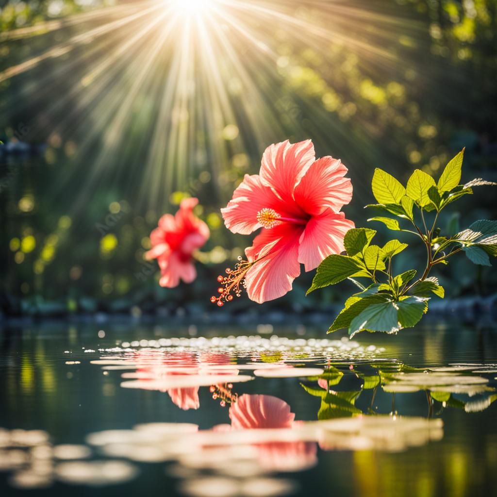 Hibiscus Flower in Pond with Divine Sunlight