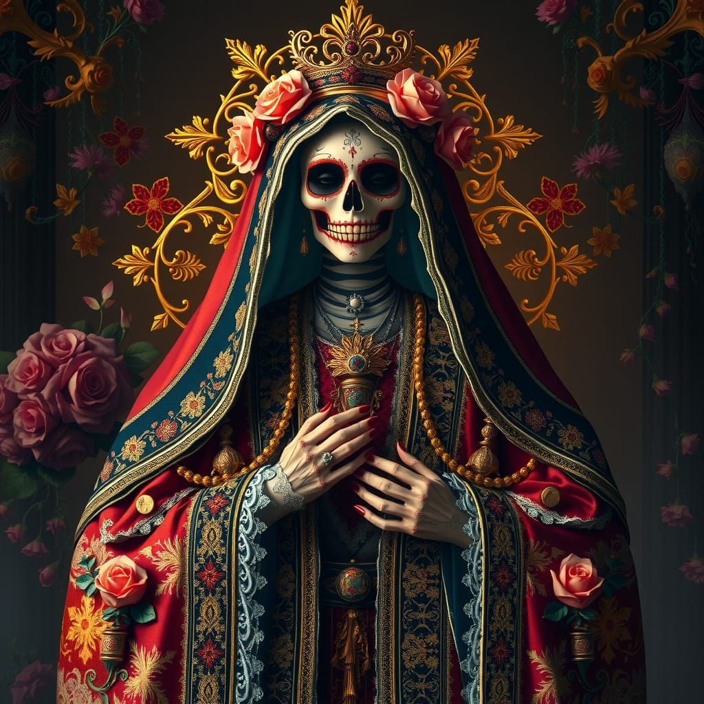 Ornate Santa Muerte in Embroidered Robes