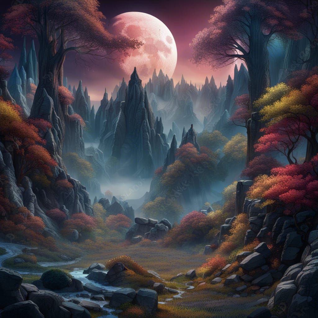 Misty Mountain Landscape with Fairies