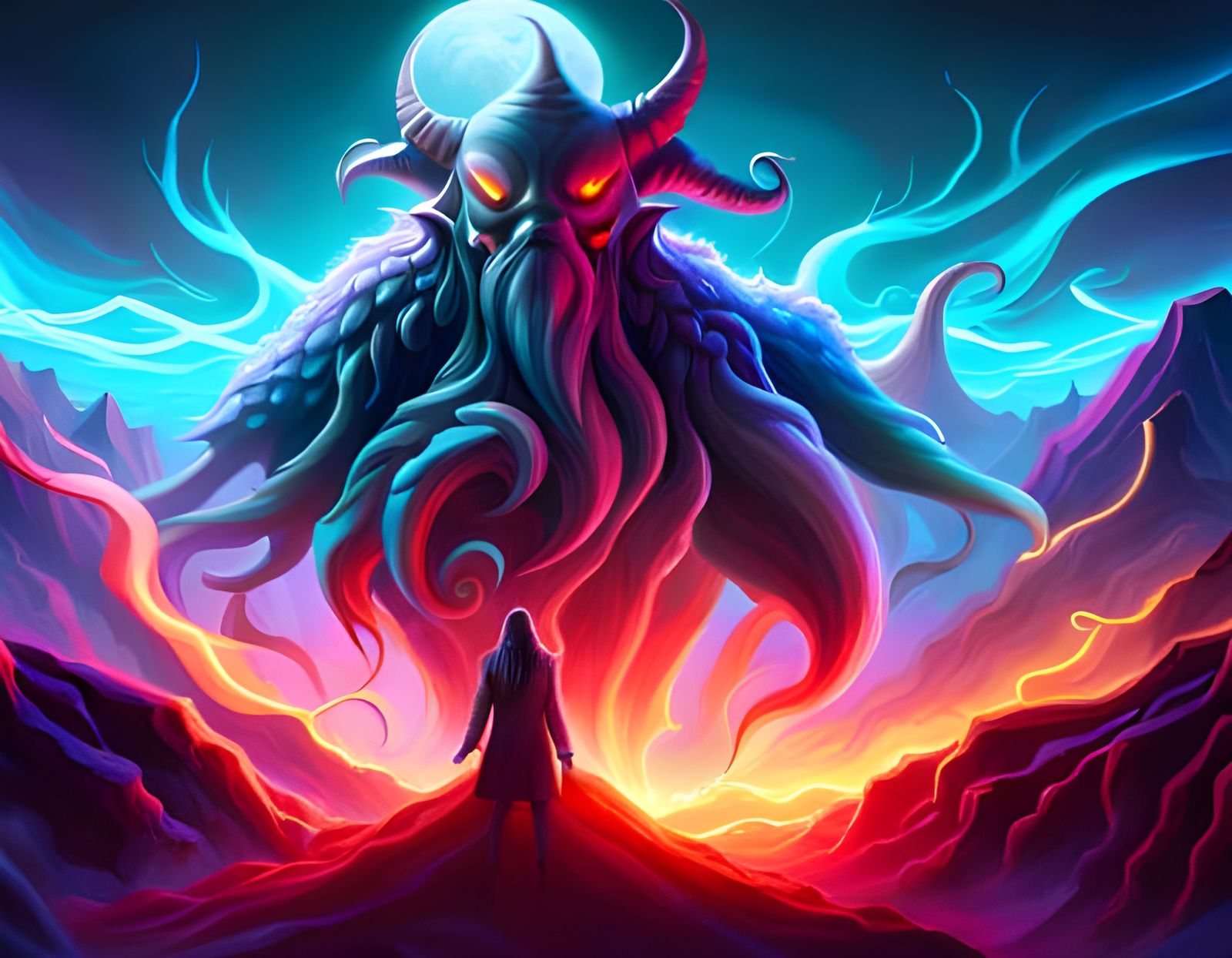 Epic Cthulhu Battle Scene in Synthwave Style