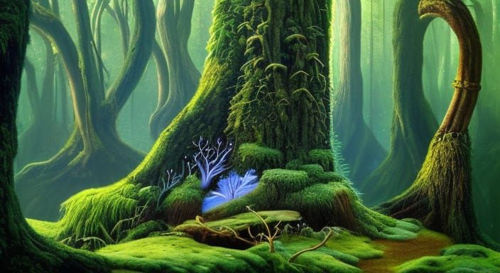 Enchanted Forest Landscape with Giant Mushrooms