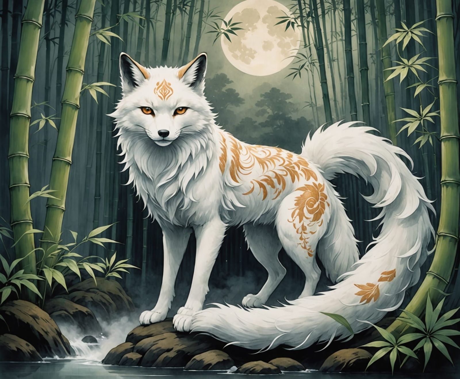 Ethereal Kitsune in Moonlit Bamboo Forest