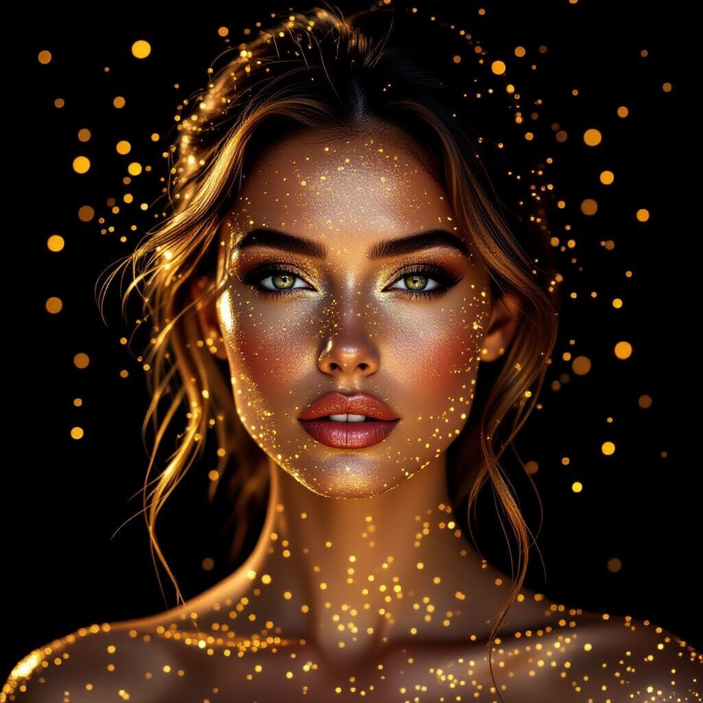 Woman Formed of Gold Particles in High Contrast Portrait