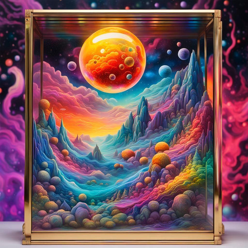 Cosmic Dreamscape in Glass Case: Psychedelic Graffiti Art
