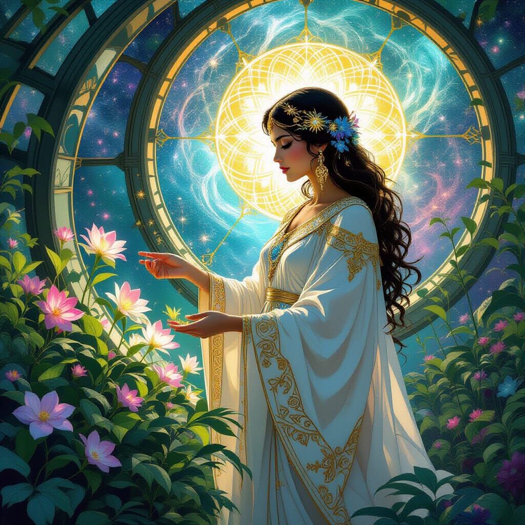 Anunnaki Botanist Cultivating Bioluminescent Flora