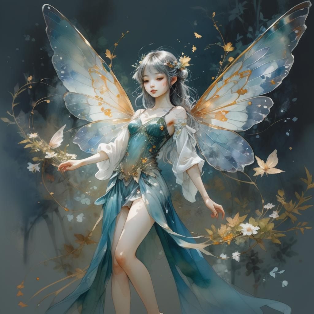 Ethereal Fairy in Forest Meadow: Ink and Watercolor