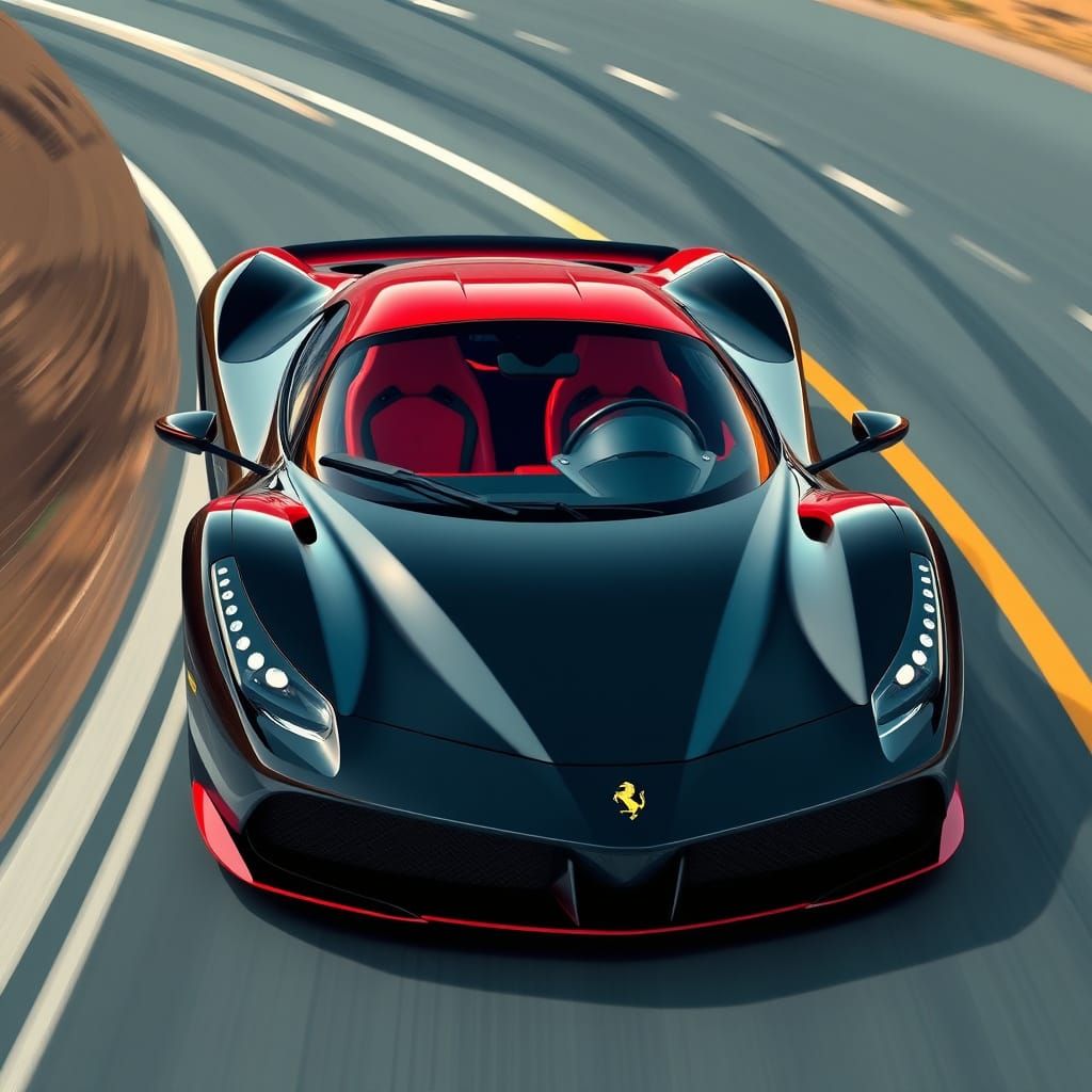 Futuristic Ferrari Speeding Down Winding Road in Cyberpunk S...