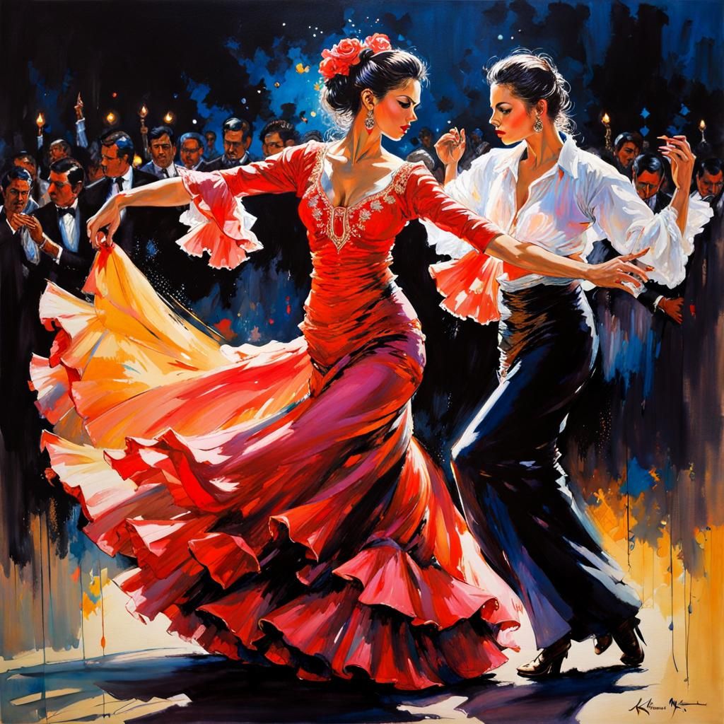 Flamenco Dancer in Traditional Dress: Ink Painting