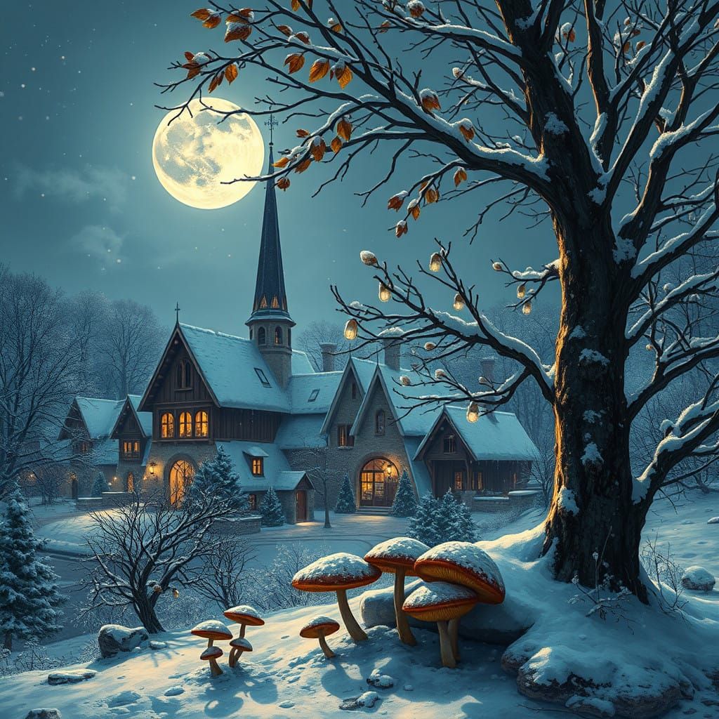 Midnight Bat Under Snowy Trees in Winter