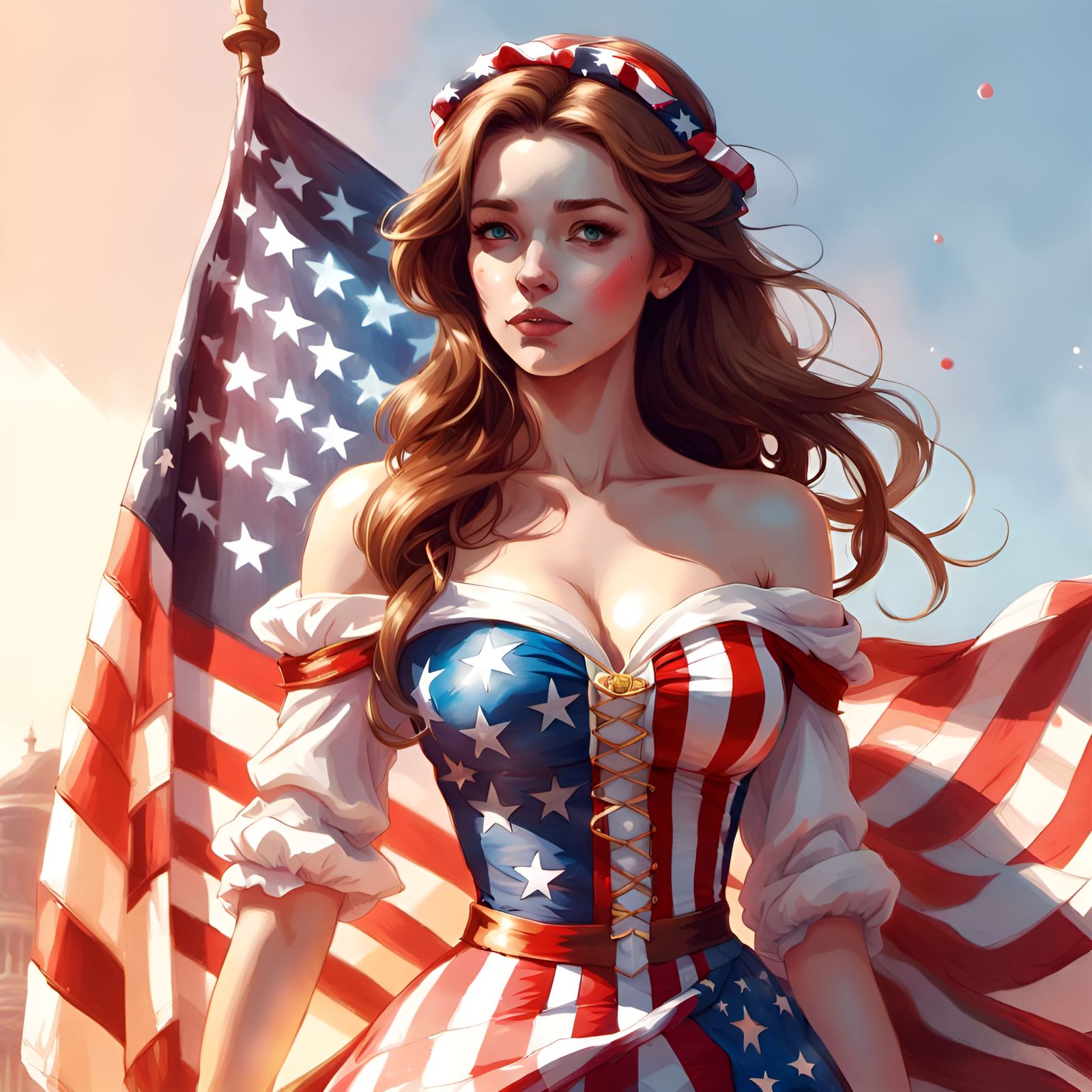Princess Belle in American Flag Outfit: Digital Illustration
