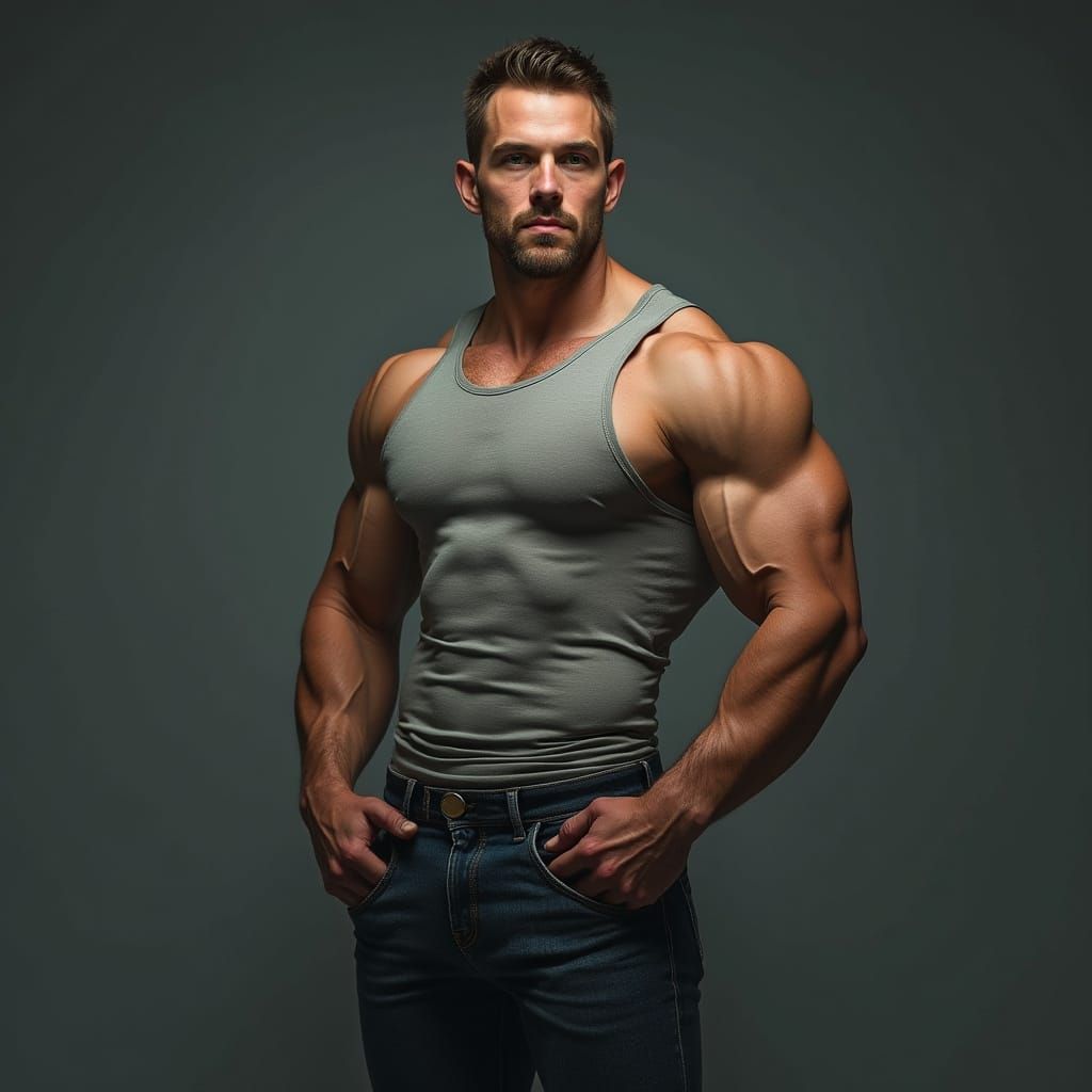 Muscular Man Poses in Futuristic Cinematic Style