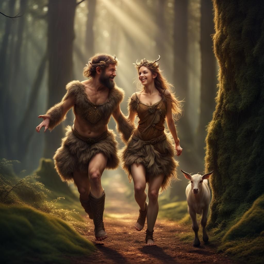 elegant medieval princess satyr, girl and satyr hybrid, short skirt running in the forest, smiling, joyful, hooves, Epic...