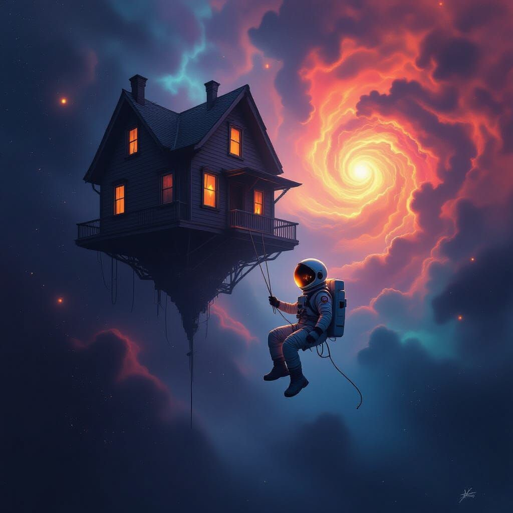 Astronaut Tethered to Ancient House in Cosmic Void
