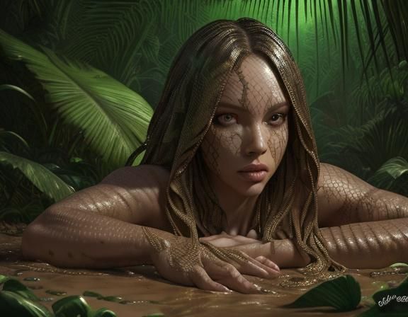 A female human abomination emerges from the swamp mud.