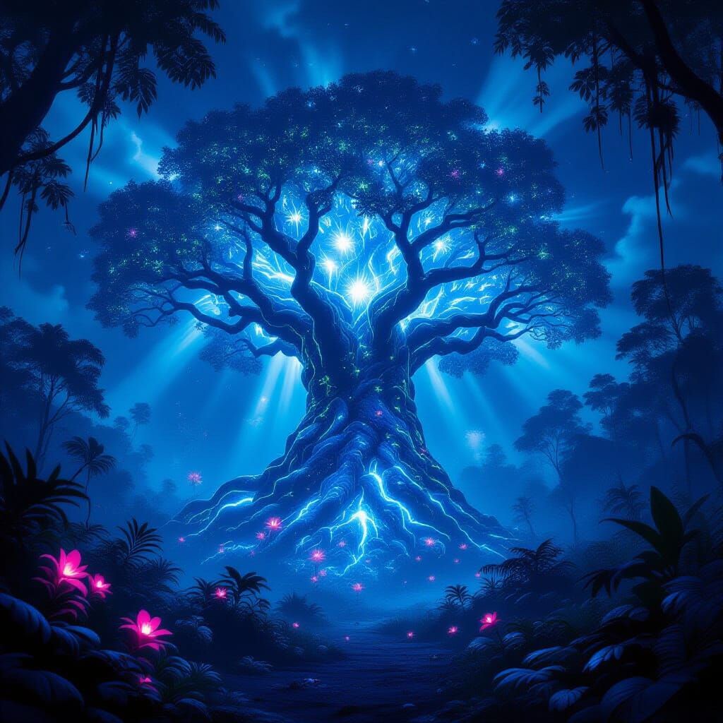 Bioluminescent Tree in Alien Jungle, Moebius and Mead Style