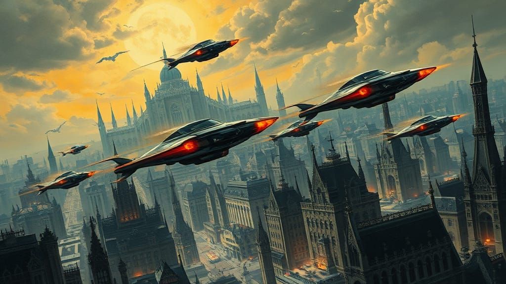 Futuristic Metropolis with Flying Cars: Dystopian Heavy Meta...