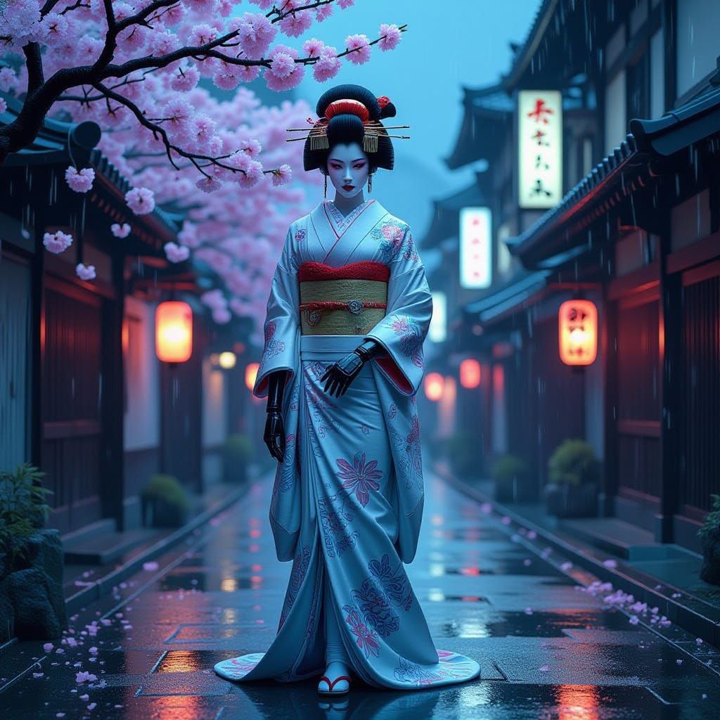 Cyborg Geisha Amidst Neon Kyoto Streets