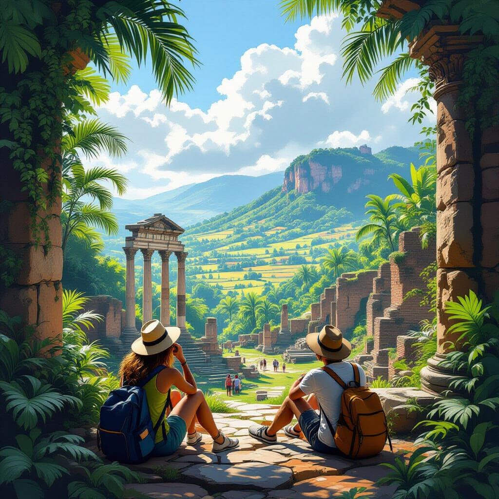 Tourists Relaxing Among Roman Ruins: Painterly Style