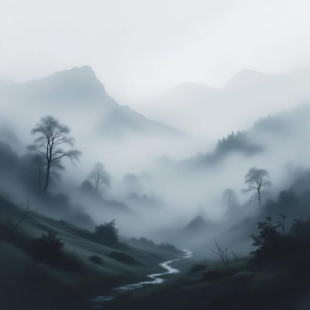 Ethereal Misty Landscape in Monochromatic Palette
