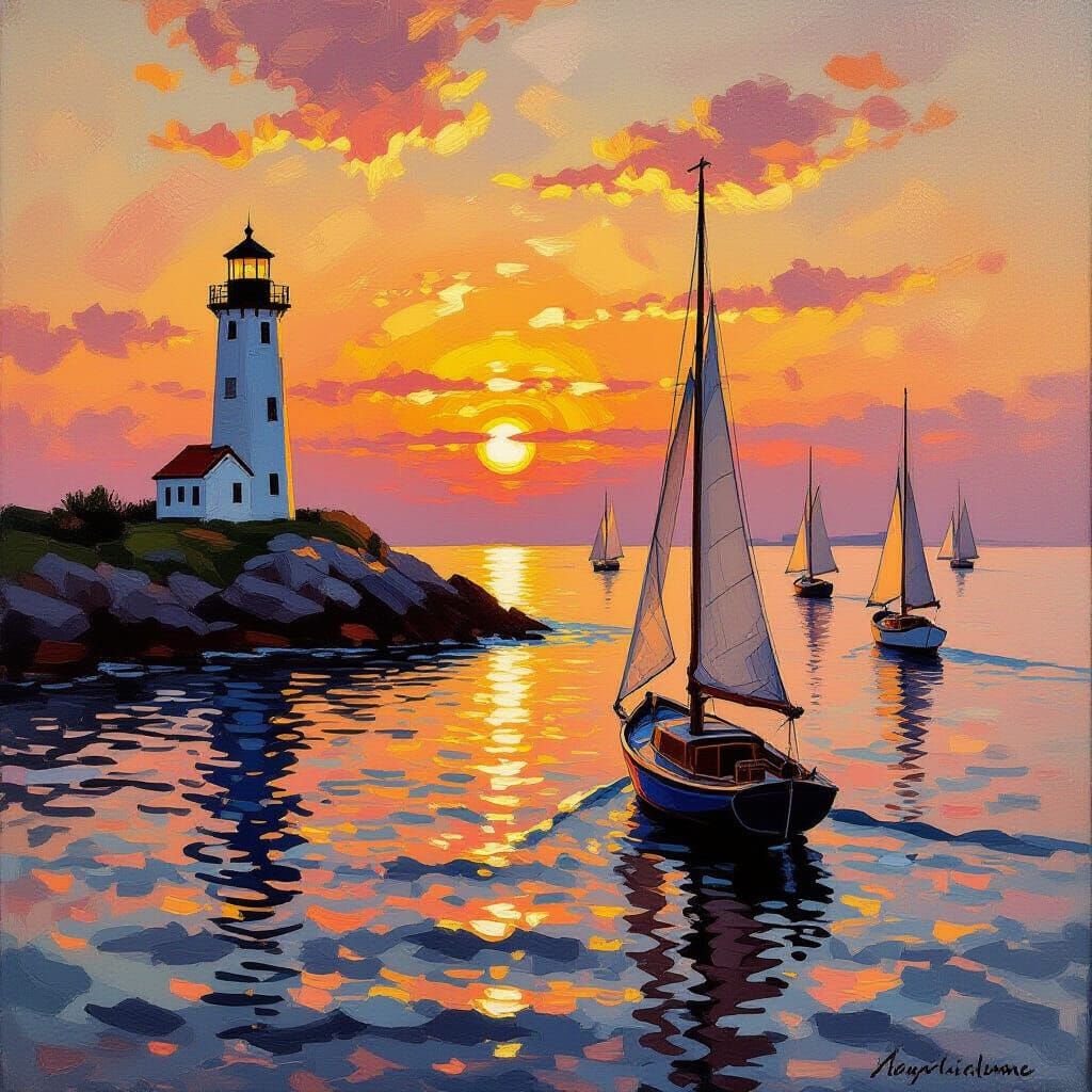 Seascape Oil Painting of Sailboats and Lighthouse at Golden ...