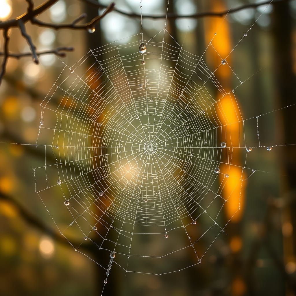 Elegant Spiderweb Shimmers with Micro Dewdrops in Golden Lig...