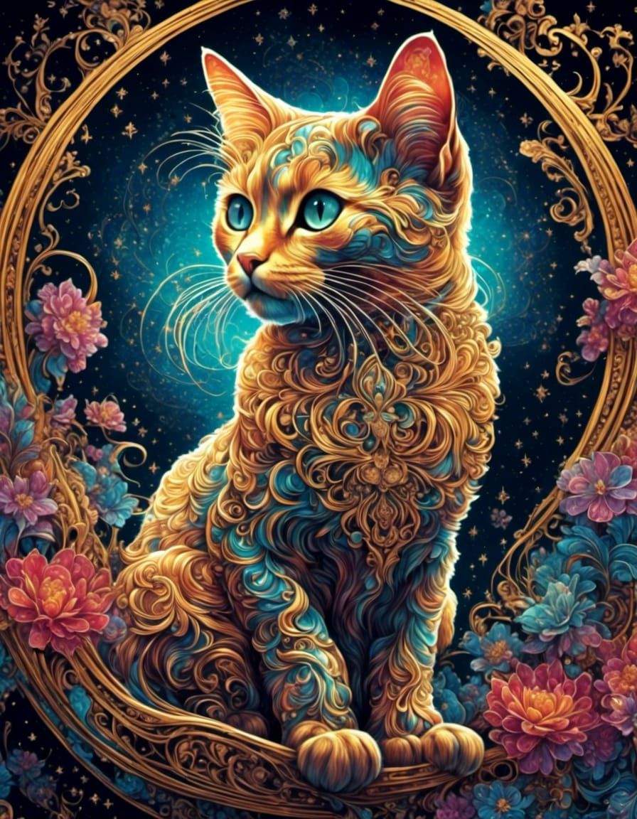 Rainbow Cat with Golden Details and Stars