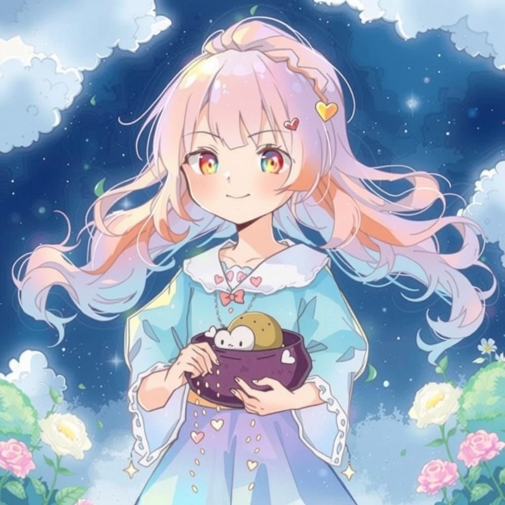 Fluffy Cloud with Heart Rain in Kawaii Style