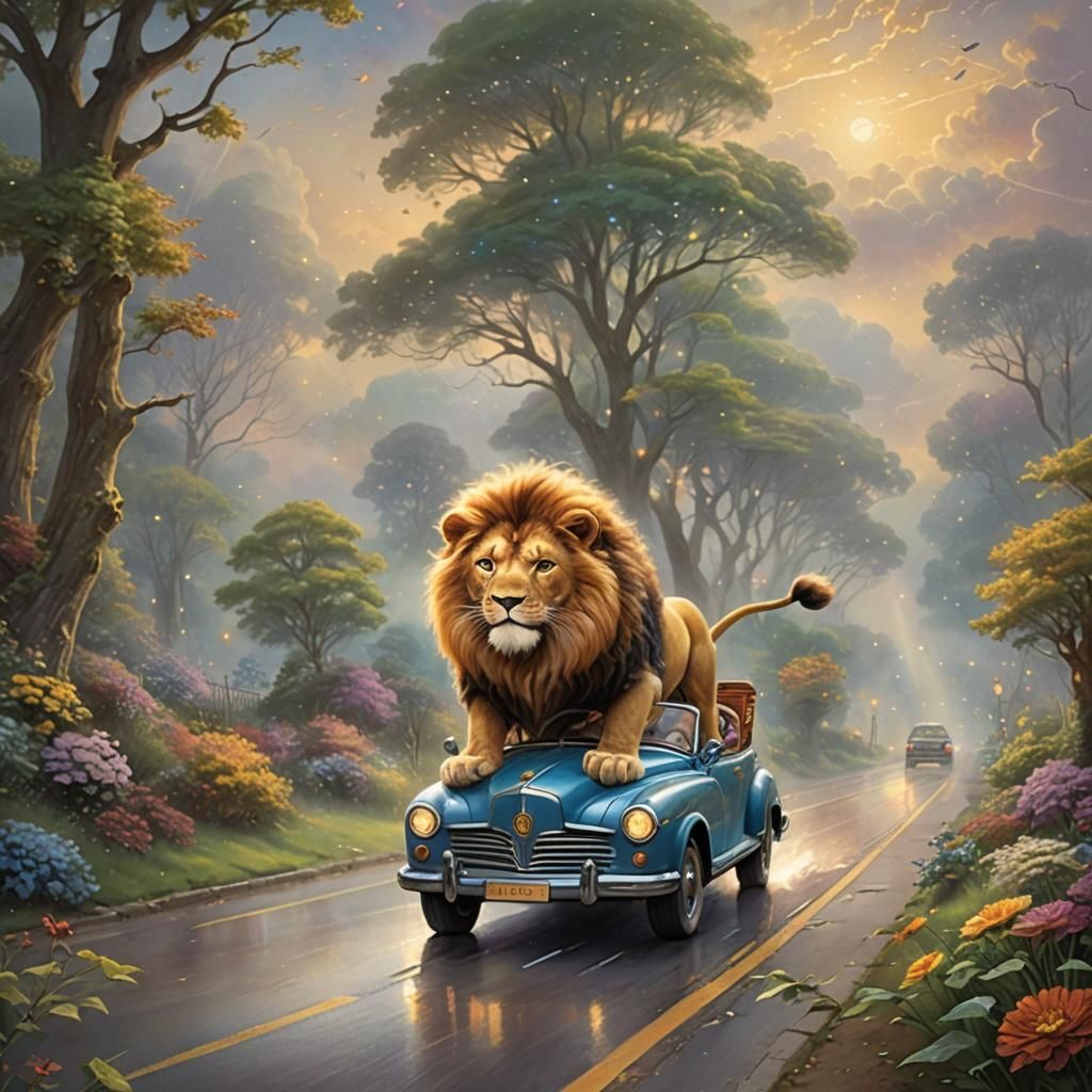 Rasking book for children 3 years old, only lines, a cheerful lion in a car with eyes is driving along the road