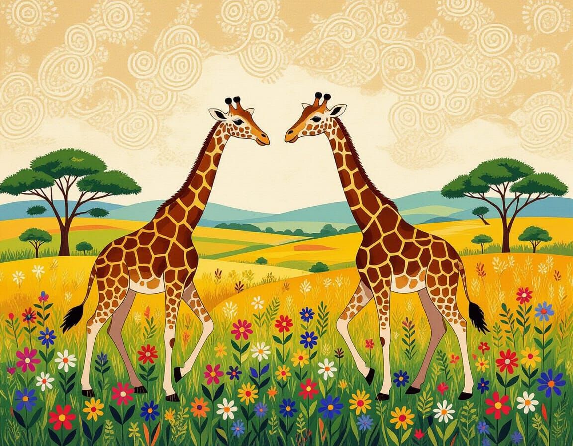 Giraffes in African Pasture, Batik Surrealism