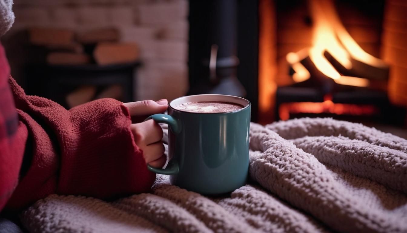 Cozy Fireplace Scene with Hot Chocolate