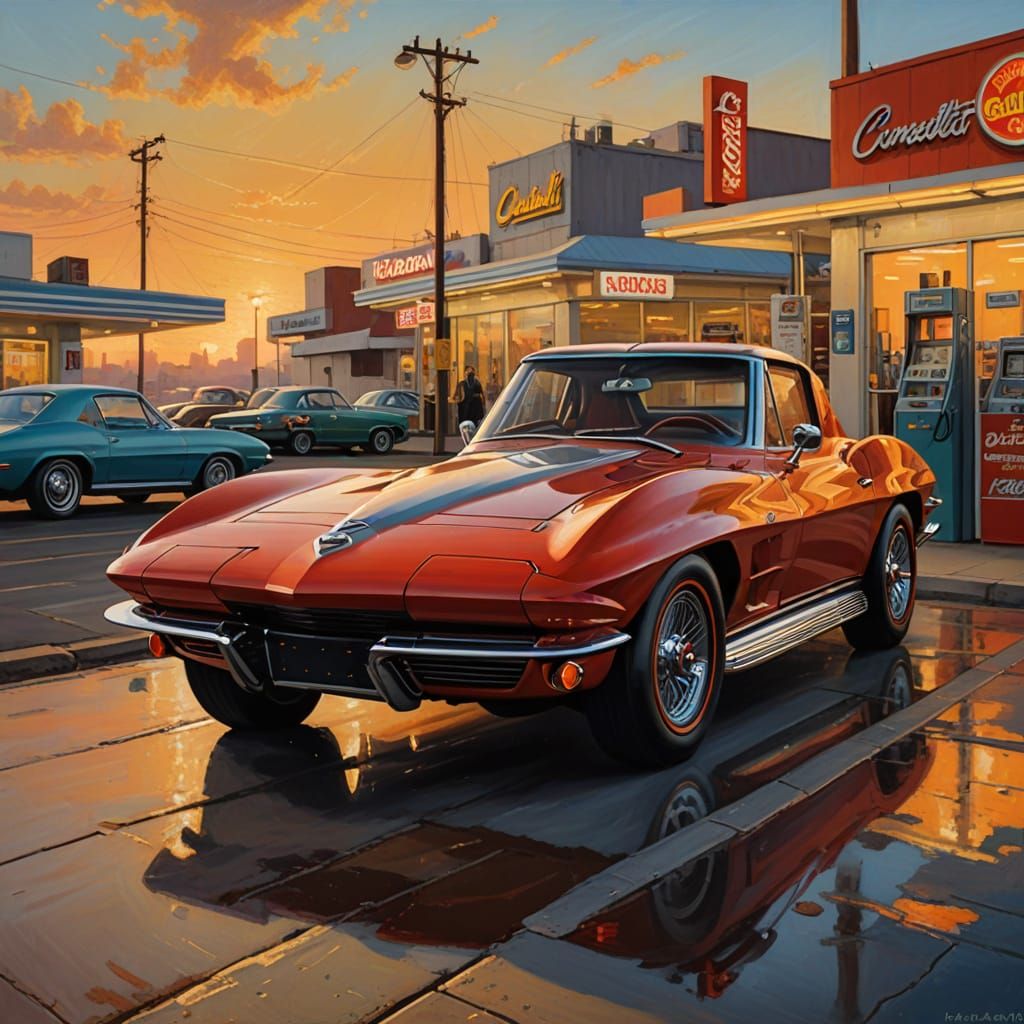 1964 Corvette at Sunset - Detailed Oil Painting