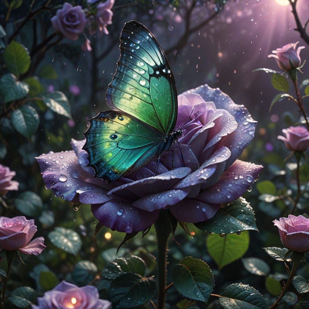 Green Rose with Lavender Butterfly Digital Matte Painting