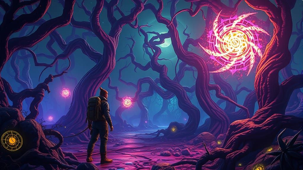 Space Explorer in Bioluminescent Alien Forest