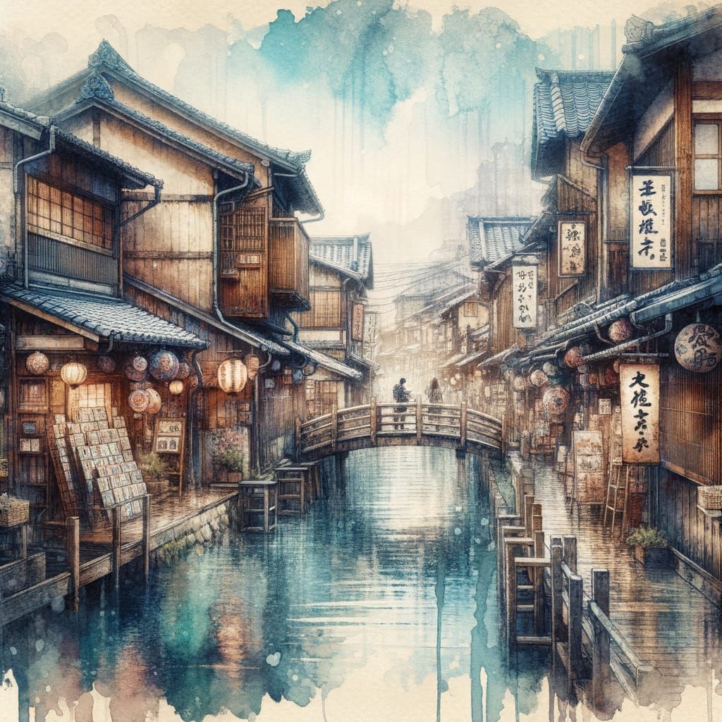 Whimsical Japanese Watercolor Scene with Ancient Wooden Stru...