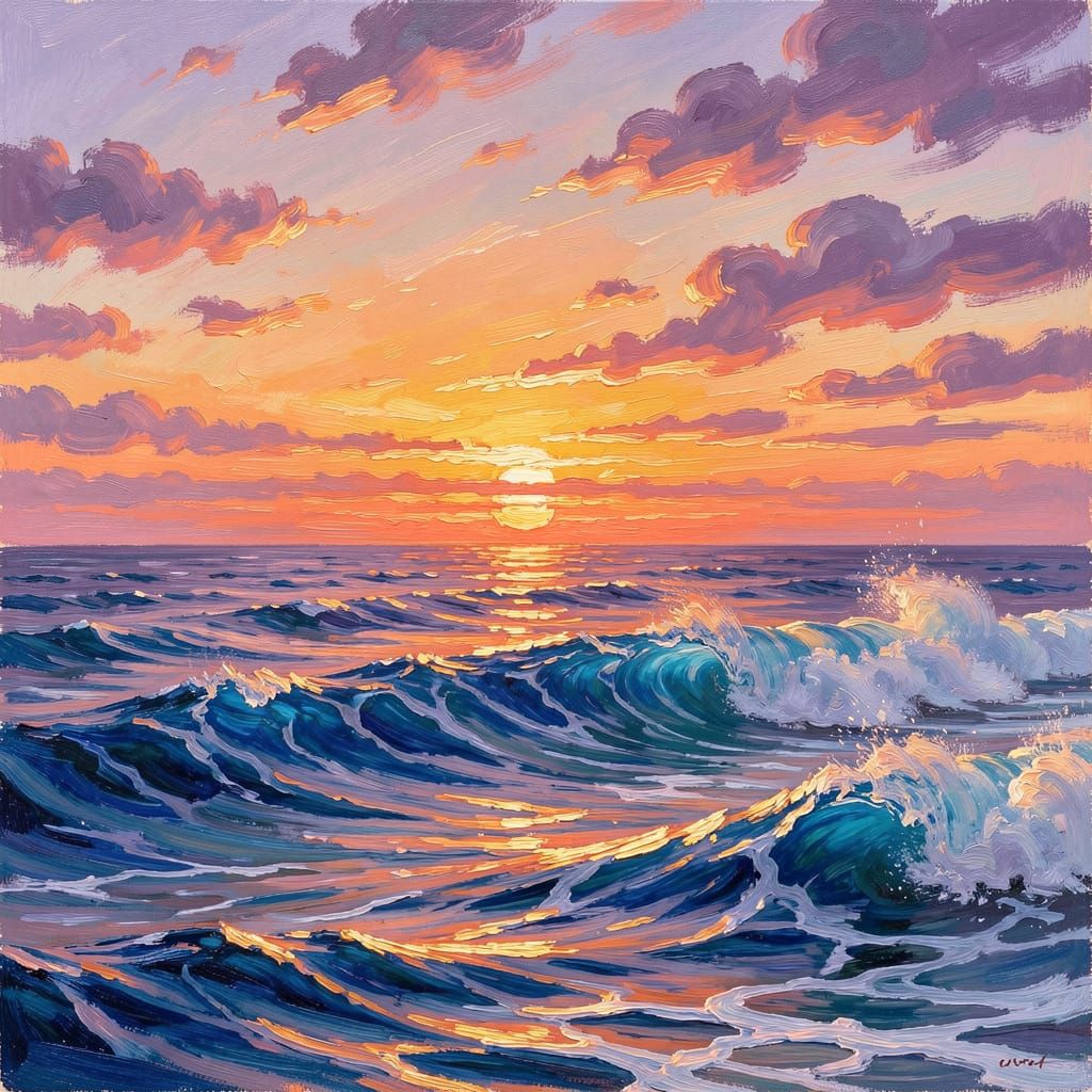Vivid Ocean Waves at Sunset in Expressive Oil Painting Style