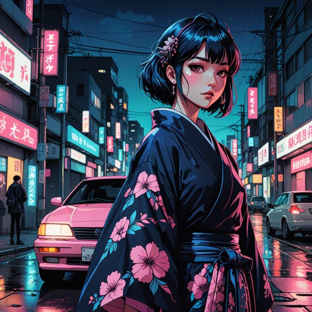 Goth Girl in a Kimono, 90s Anime Style
