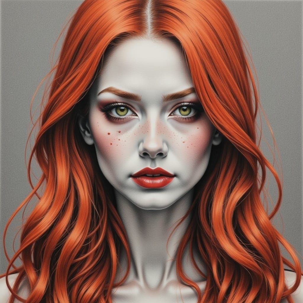 Red-Haired Woman: Colored Pencil and Charcoal Portrait